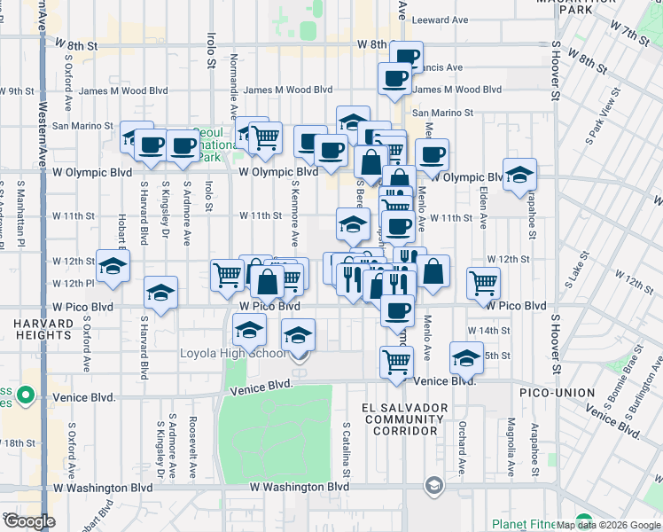 map of restaurants, bars, coffee shops, grocery stores, and more near 2612 West 12th Street in Los Angeles