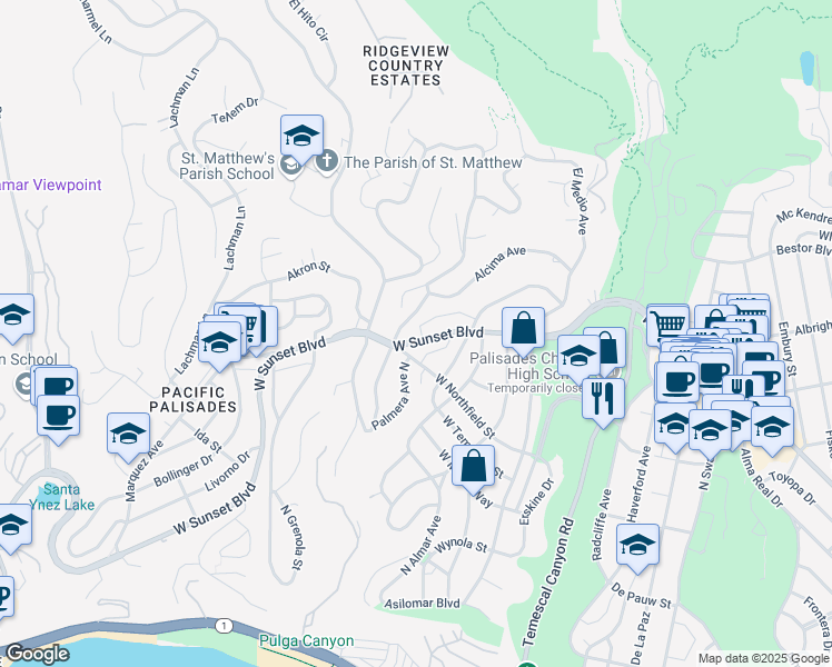 map of restaurants, bars, coffee shops, grocery stores, and more near 16169 Sunset Boulevard in Los Angeles