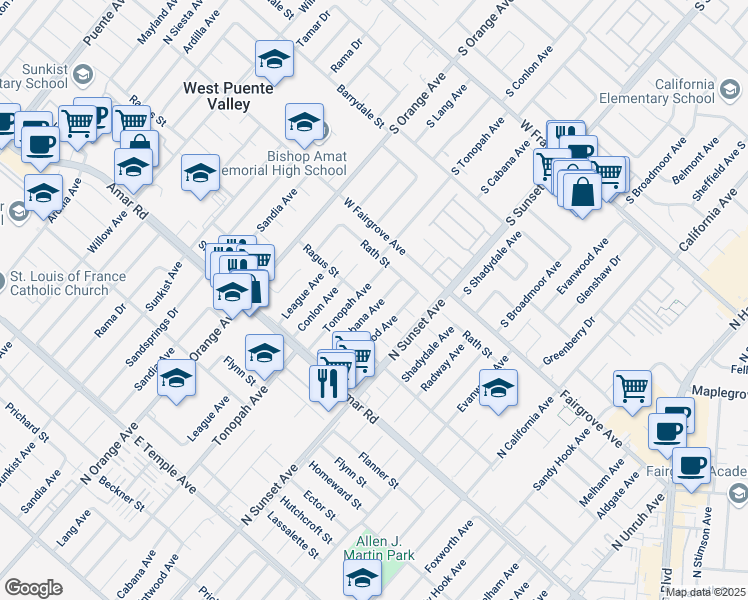 map of restaurants, bars, coffee shops, grocery stores, and more near 1111 Cabana Avenue in La Puente