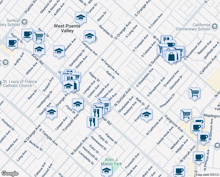 map of restaurants, bars, coffee shops, grocery stores, and more near 1111 Cabana Avenue in La Puente