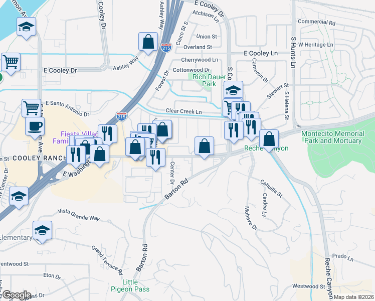 map of restaurants, bars, coffee shops, grocery stores, and more near 1770 East Washington Street in Grand Terrace