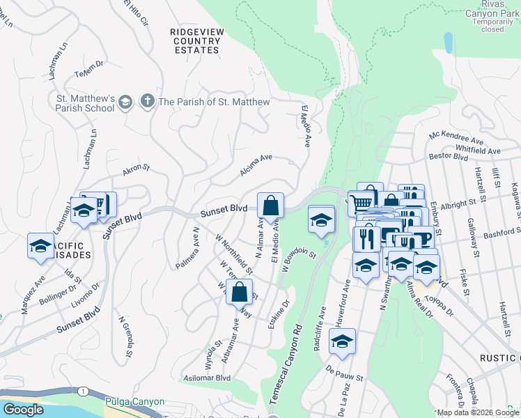 map of restaurants, bars, coffee shops, grocery stores, and more near 16000 Sunset Boulevard in Los Angeles