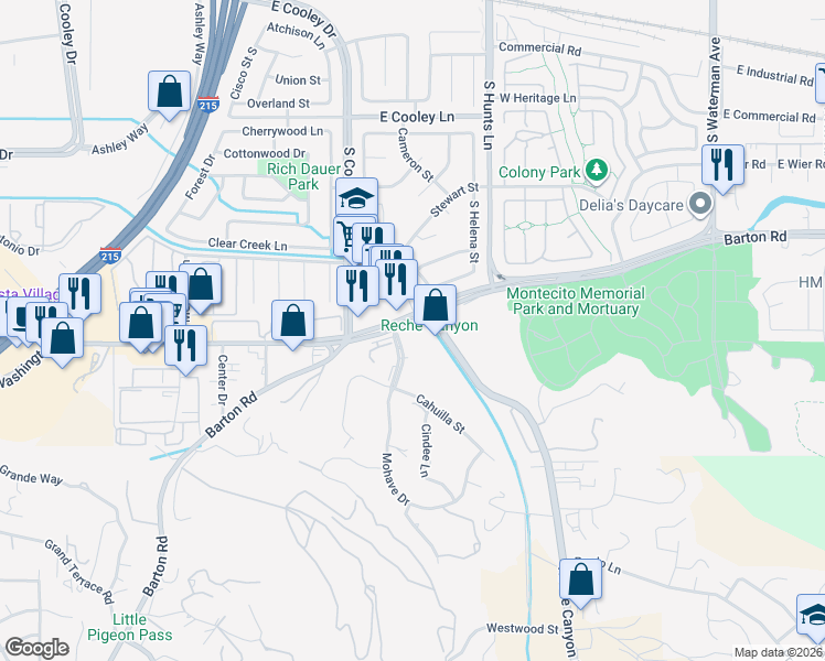 map of restaurants, bars, coffee shops, grocery stores, and more near 1122 Mohave Drive in Colton