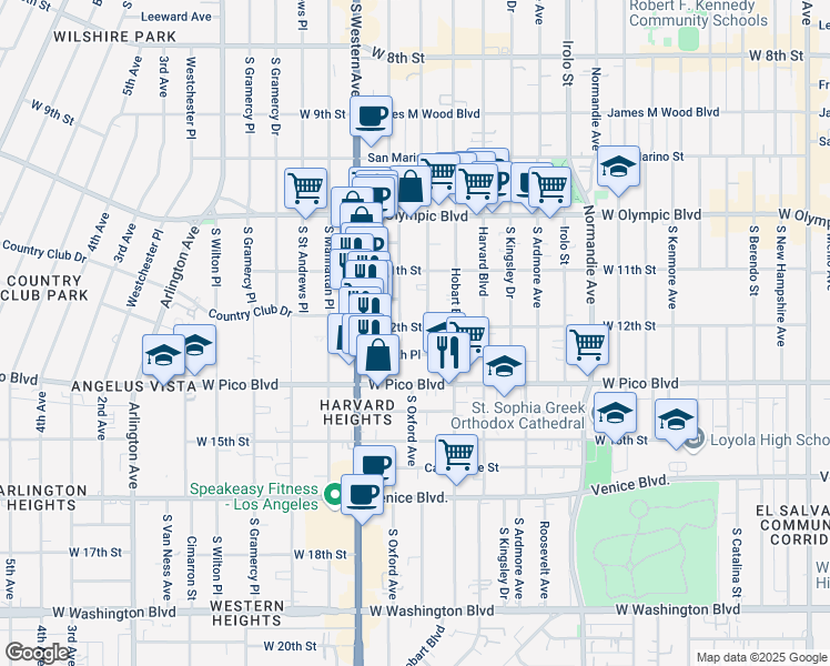 map of restaurants, bars, coffee shops, grocery stores, and more near 1223 South Serrano Avenue in Los Angeles
