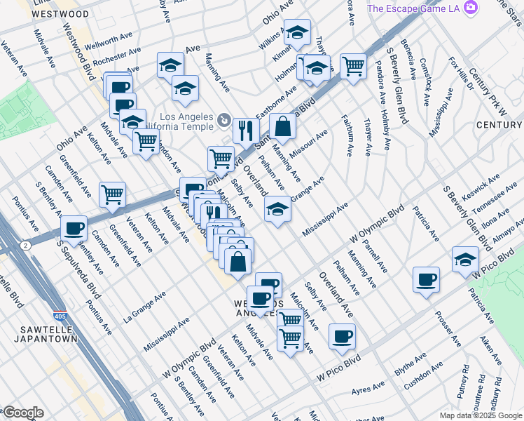 map of restaurants, bars, coffee shops, grocery stores, and more near 10741 La Grange Avenue in Los Angeles