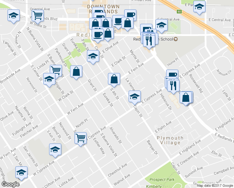 map of restaurants, bars, coffee shops, grocery stores, and more near 443 South 4th Street in Redlands