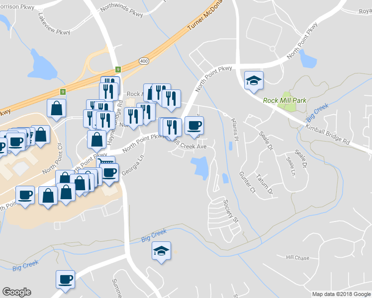 map of restaurants, bars, coffee shops, grocery stores, and more near 2728 Wander Lane in Alpharetta