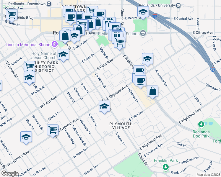 map of restaurants, bars, coffee shops, grocery stores, and more near 128 Carrie Lane in Redlands