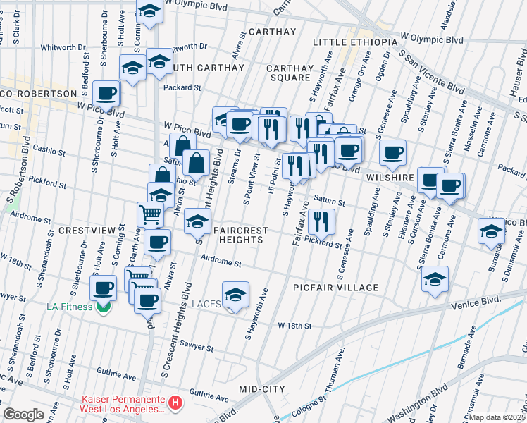 map of restaurants, bars, coffee shops, grocery stores, and more near Hi Point Street in Los Angeles