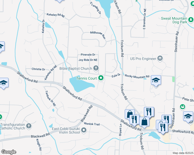 map of restaurants, bars, coffee shops, grocery stores, and more near 4029 Honeytree Lane Northeast in Marietta