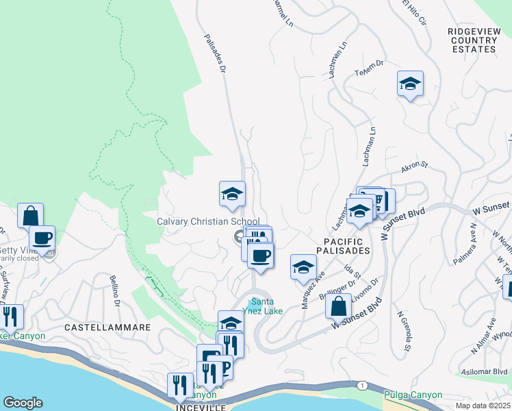 map of restaurants, bars, coffee shops, grocery stores, and more near 668 Palisades Drive in Los Angeles