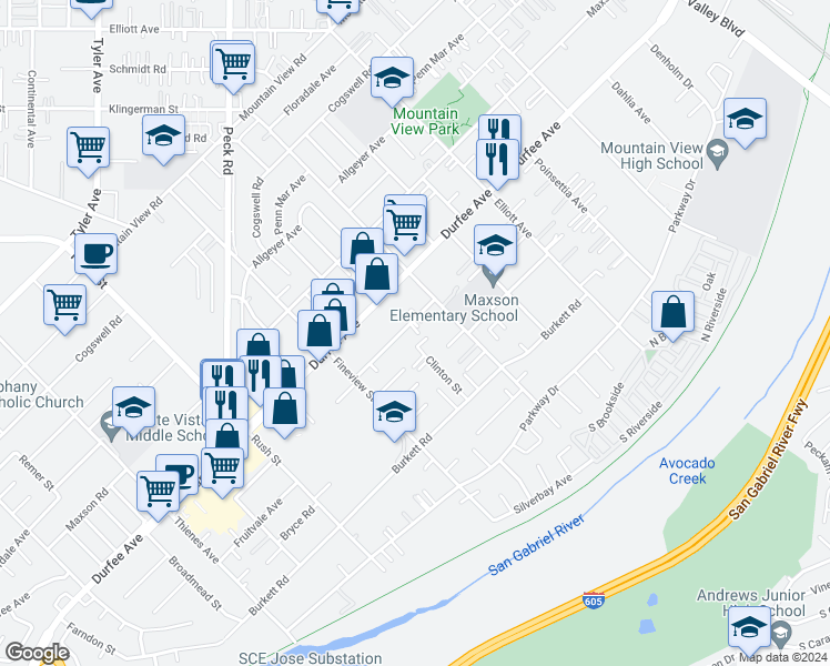 map of restaurants, bars, coffee shops, grocery stores, and more near 2322 Bunker Avenue in El Monte