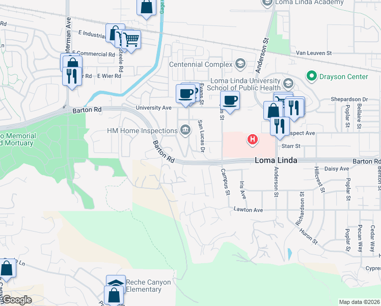 map of restaurants, bars, coffee shops, grocery stores, and more near 11274 San Juan Street in Loma Linda