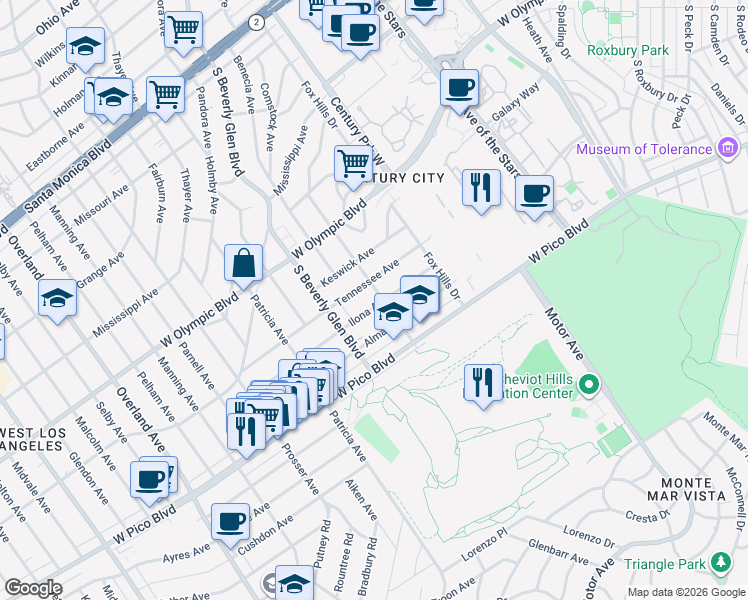 map of restaurants, bars, coffee shops, grocery stores, and more near 10365 Ilona Avenue in Los Angeles