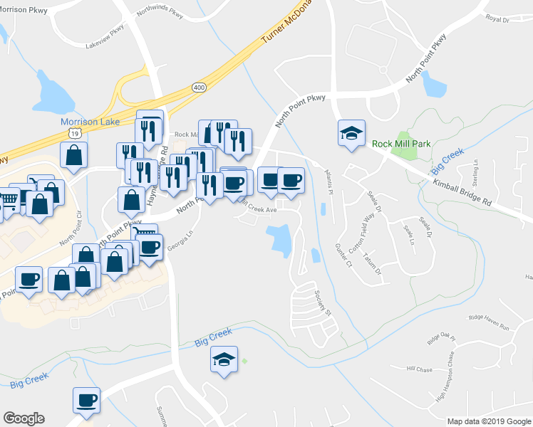 map of restaurants, bars, coffee shops, grocery stores, and more near 2748 Wander Lane in Alpharetta