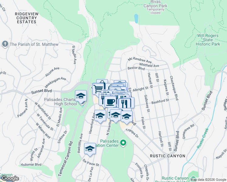 map of restaurants, bars, coffee shops, grocery stores, and more near 15330 Albright Street in Los Angeles