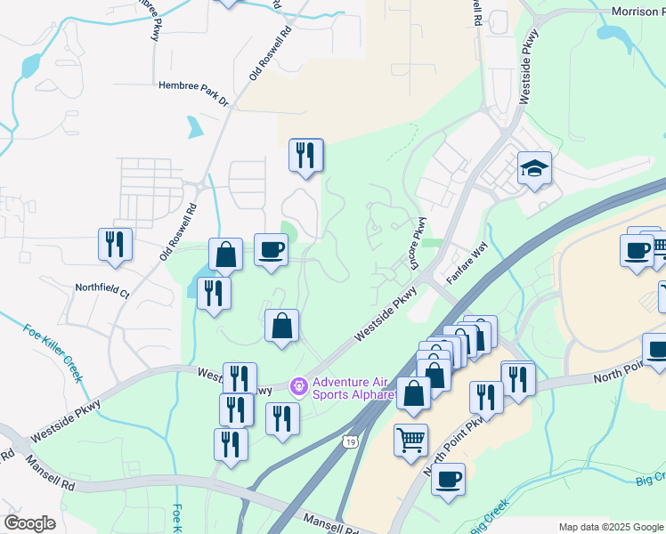 map of restaurants, bars, coffee shops, grocery stores, and more near 1150 Sanctuary Parkway in Alpharetta