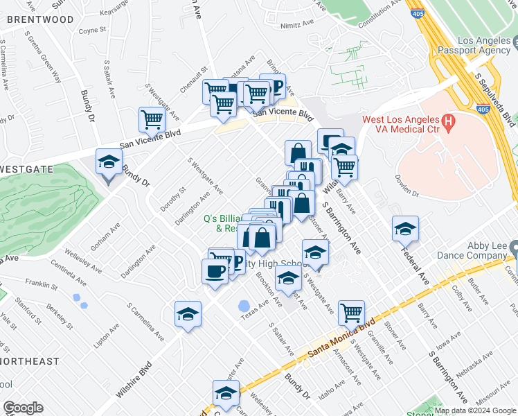 map of restaurants, bars, coffee shops, grocery stores, and more near 11832 Kiowa Avenue in Los Angeles