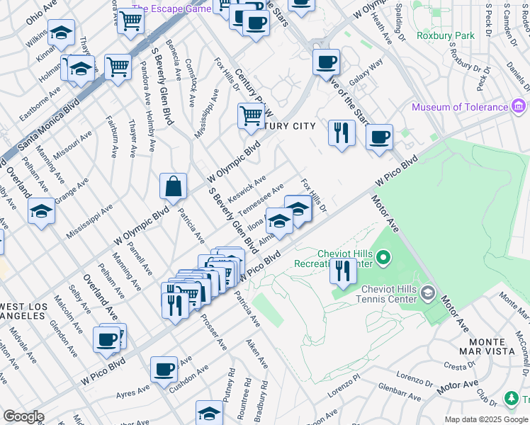 map of restaurants, bars, coffee shops, grocery stores, and more near 10365 Ilona Avenue in Los Angeles