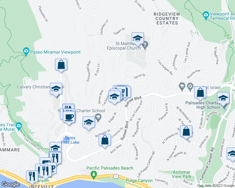 map of restaurants, bars, coffee shops, grocery stores, and more near 16649 Marquez Terrace in Los Angeles