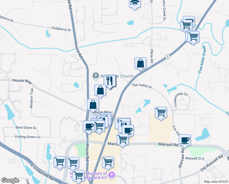 map of restaurants, bars, coffee shops, grocery stores, and more near 11044 Alpharetta Highway in Roswell