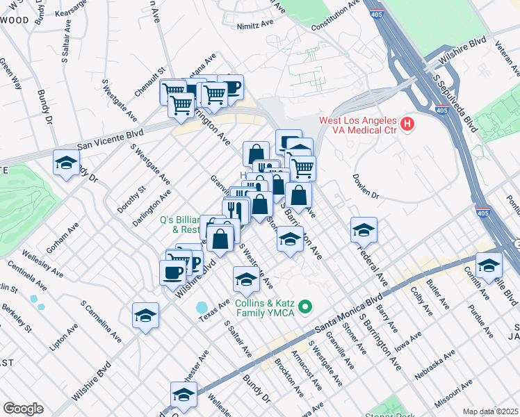 map of restaurants, bars, coffee shops, grocery stores, and more near 11755 Wilshire Boulevard in Los Angeles