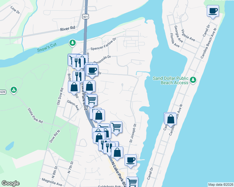 map of restaurants, bars, coffee shops, grocery stores, and more near 1311 St Joseph St in Carolina Beach