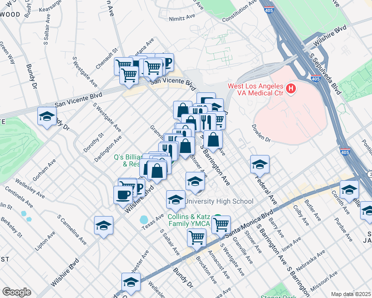map of restaurants, bars, coffee shops, grocery stores, and more near 11755 Wilshire Boulevard in Los Angeles