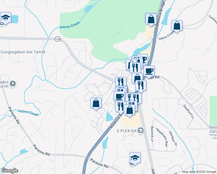 map of restaurants, bars, coffee shops, grocery stores, and more near Aster Drive in Johns Creek