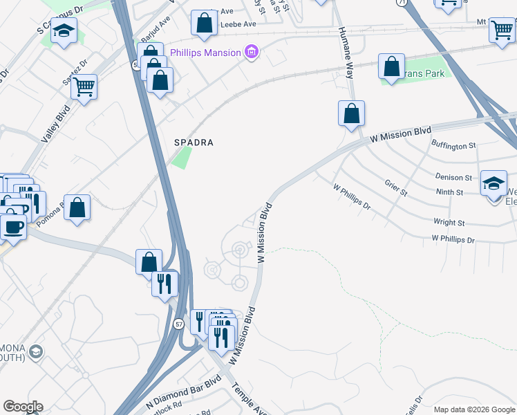 map of restaurants, bars, coffee shops, grocery stores, and more near 335 Vía Moreno in Pomona