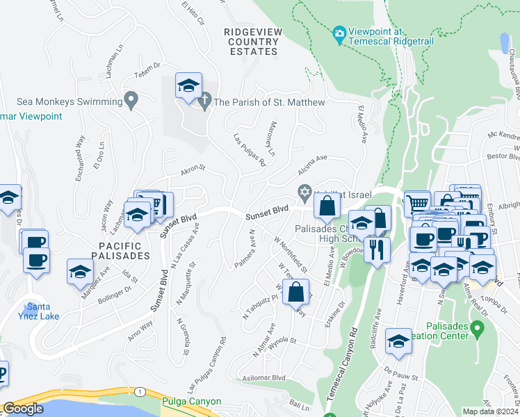 map of restaurants, bars, coffee shops, grocery stores, and more near 16169 Sunset Boulevard in Los Angeles