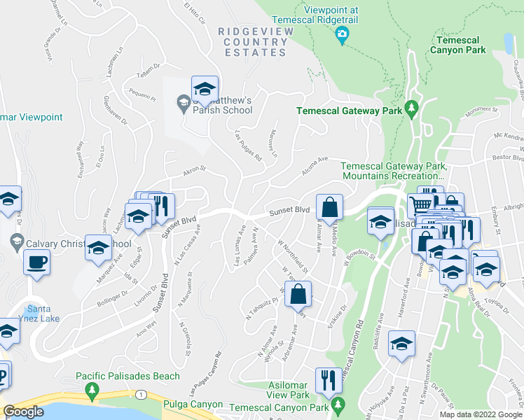 map of restaurants, bars, coffee shops, grocery stores, and more near 16168 Sunset Boulevard in Los Angeles