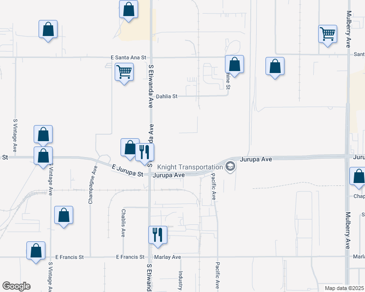 map of restaurants, bars, coffee shops, grocery stores, and more near 13120 Jurupa Avenue in Fontana