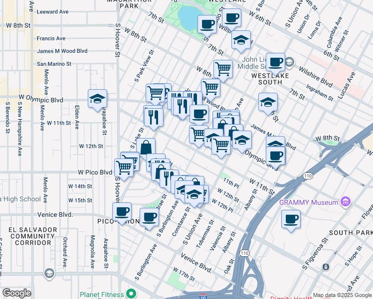 map of restaurants, bars, coffee shops, grocery stores, and more near 1820 West 11th Street in Los Angeles