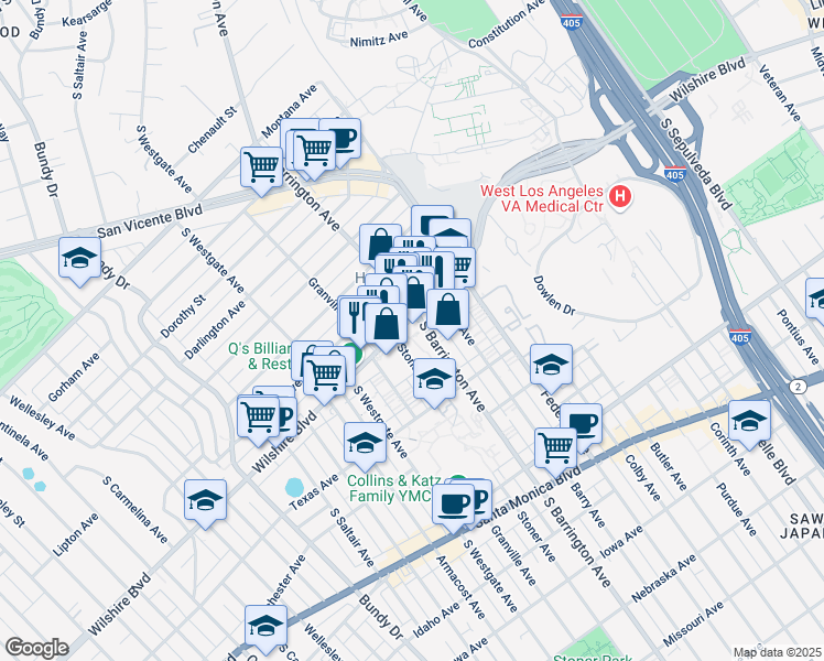 map of restaurants, bars, coffee shops, grocery stores, and more near 11740 Wilshire Boulevard in Los Angeles