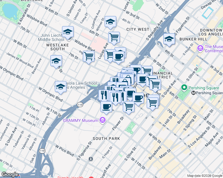 map of restaurants, bars, coffee shops, grocery stores, and more near 1000 West 8th Street in Los Angeles