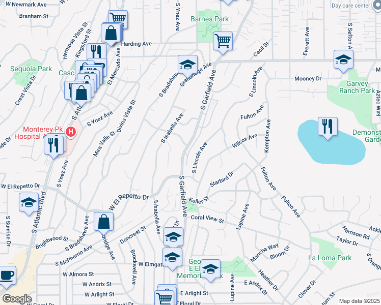 map of restaurants, bars, coffee shops, grocery stores, and more near 1076 South Garfield Avenue in Monterey Park