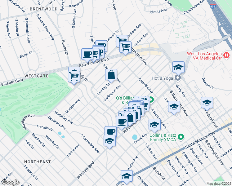 map of restaurants, bars, coffee shops, grocery stores, and more near 11942 Darlington Avenue in Los Angeles