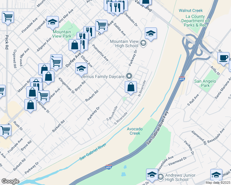map of restaurants, bars, coffee shops, grocery stores, and more near 2558 El Monte Avenue in El Monte