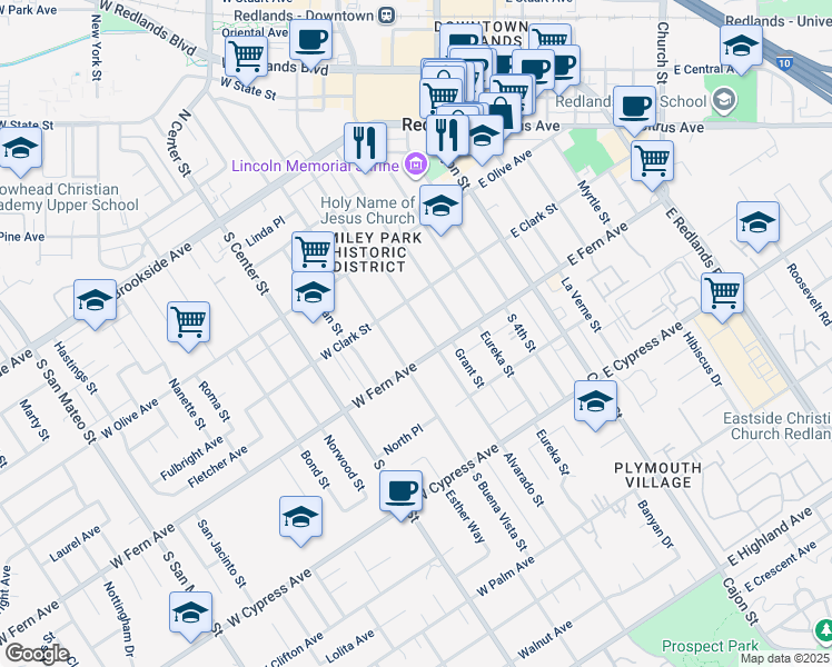 map of restaurants, bars, coffee shops, grocery stores, and more near 350 Alvarado Street in Redlands