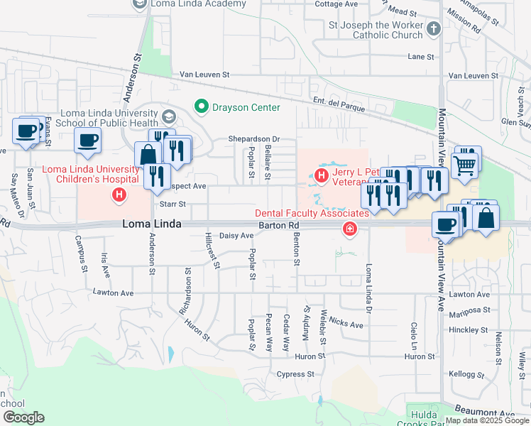 map of restaurants, bars, coffee shops, grocery stores, and more near 25186 Barton Road in Loma Linda