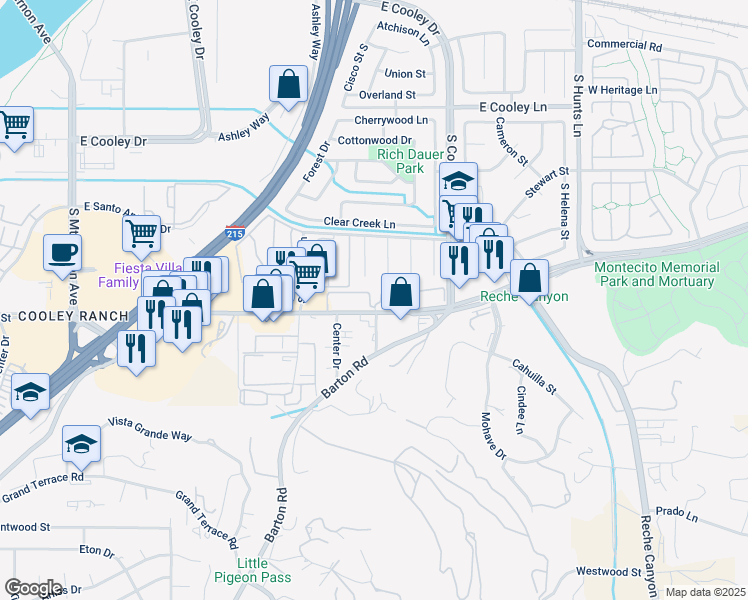 map of restaurants, bars, coffee shops, grocery stores, and more near in Colton