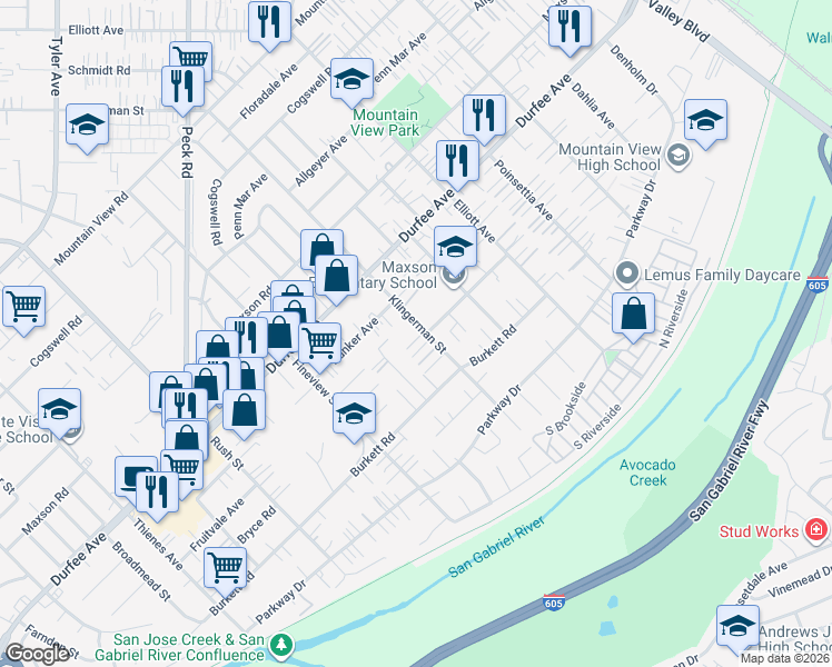 map of restaurants, bars, coffee shops, grocery stores, and more near 2346 Bryce Road in El Monte