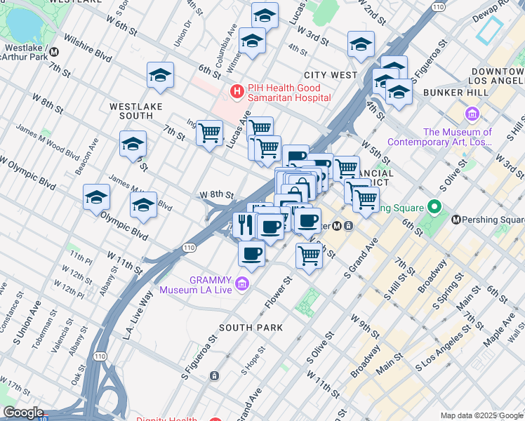 map of restaurants, bars, coffee shops, grocery stores, and more near 801 Francisco Street in Los Angeles