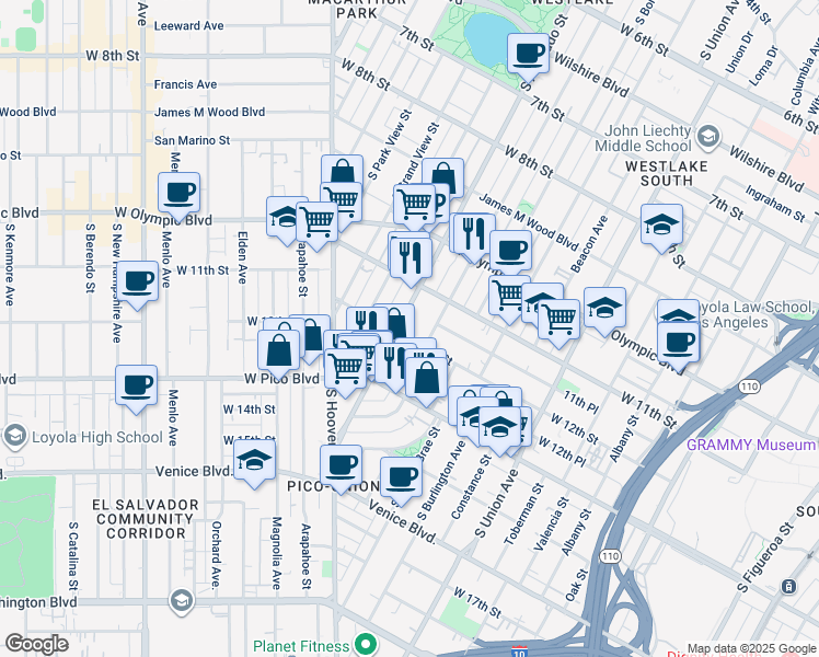 map of restaurants, bars, coffee shops, grocery stores, and more near 2015 West 12th Street in Los Angeles