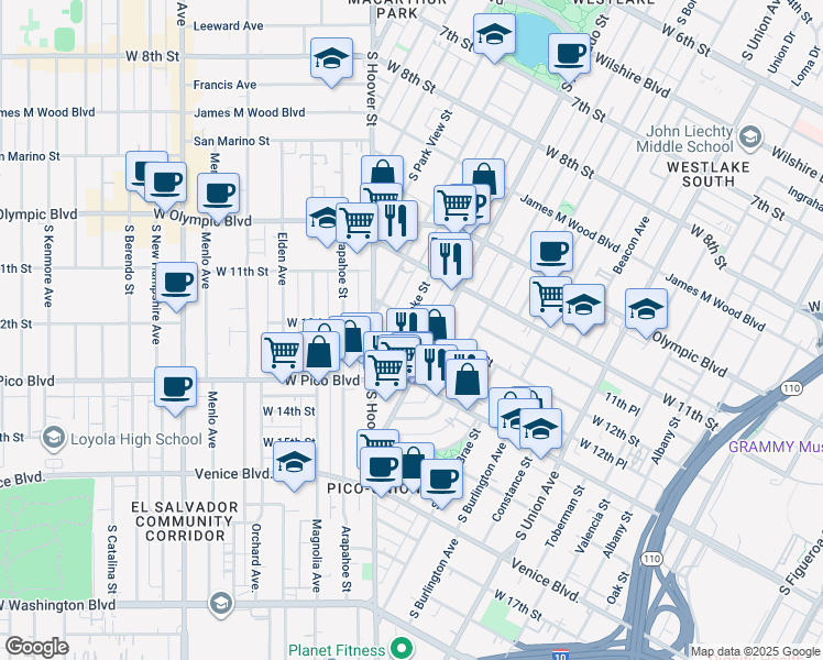 map of restaurants, bars, coffee shops, grocery stores, and more near 1217 South Alvarado Street in Los Angeles