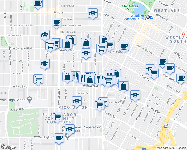 map of restaurants, bars, coffee shops, grocery stores, and more near 1221 Arapahoe Street in Los Angeles