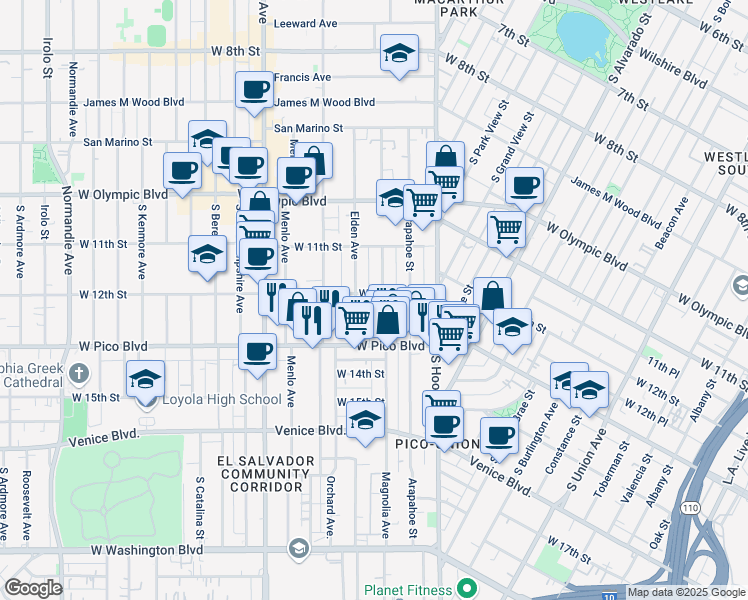 map of restaurants, bars, coffee shops, grocery stores, and more near 1223 Magnolia Avenue in Los Angeles