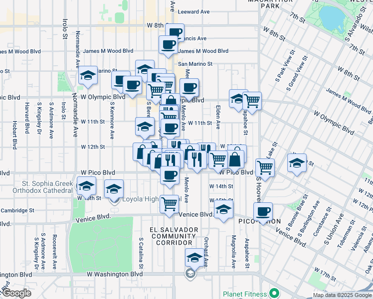map of restaurants, bars, coffee shops, grocery stores, and more near 1220 Menlo Avenue in Los Angeles