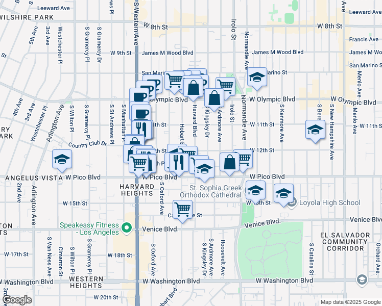map of restaurants, bars, coffee shops, grocery stores, and more near 1214 South Hobart Boulevard in Los Angeles